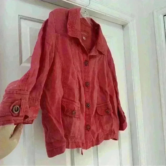 Caslon 100% Linen Lagenlook Utility Jacket Berry Red Button Down Size 18 - Picture 3 of 8